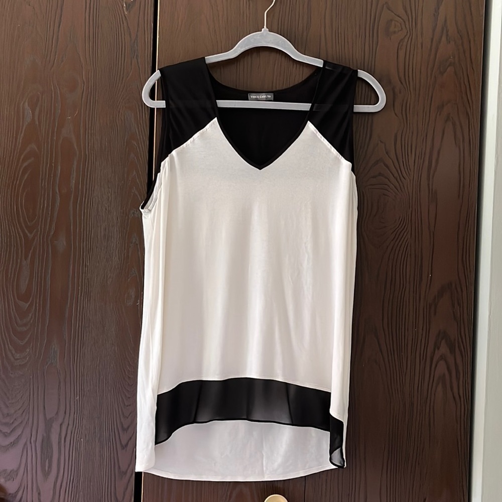 Vince Camuto white with black sheer panels sleeveless top. Size Medium